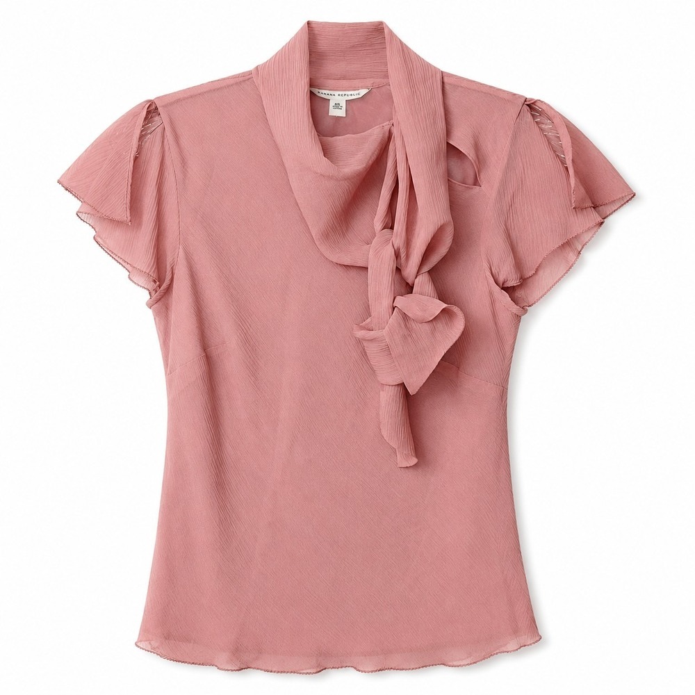 BANANA REPUBLIC 100% Silk Chiffon Tie-Neck Top Sz XS Mauve Pink Flutter Sleeve
